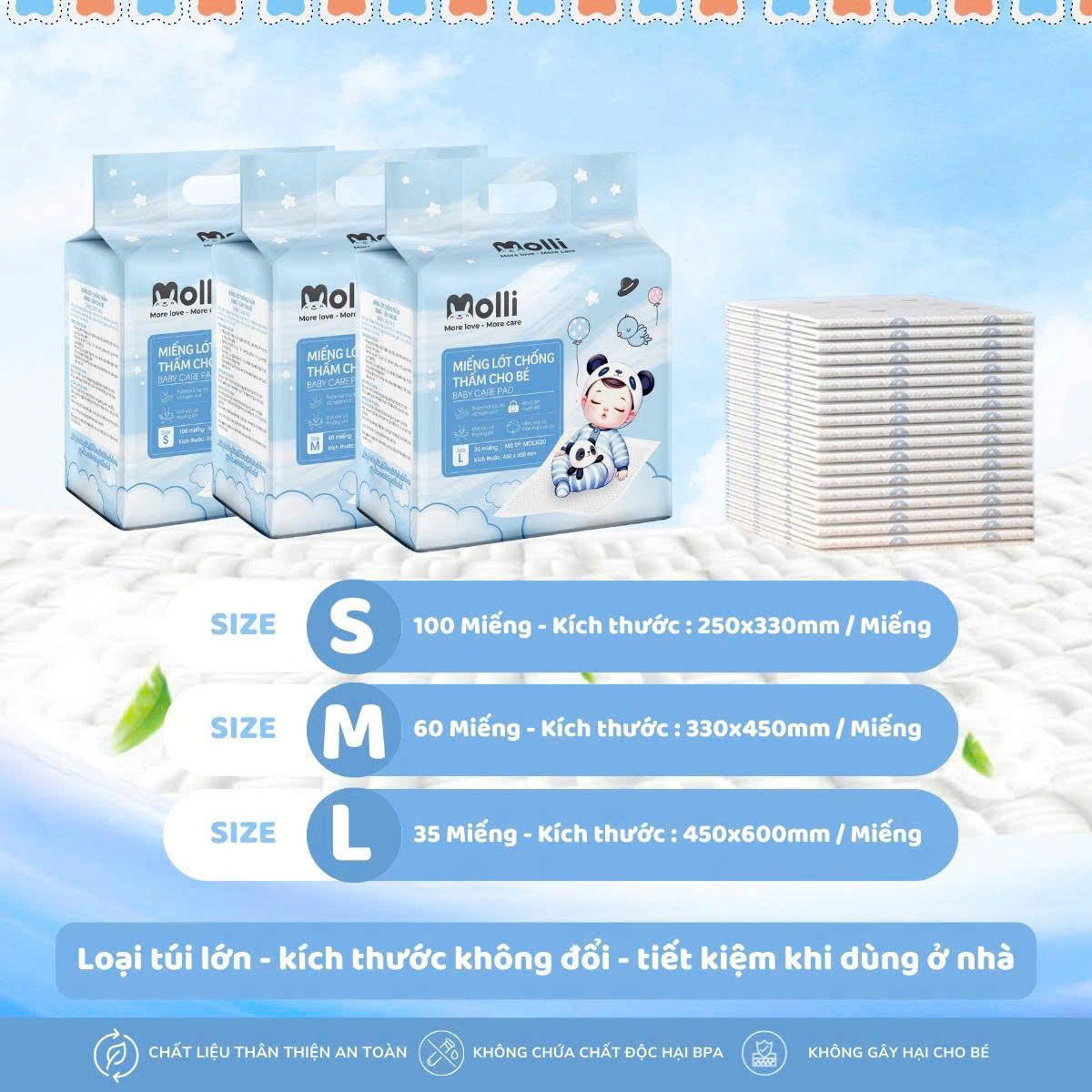 Tấm Lót Chống Thấm Dùng Một Lần Molli Cho Bé ( Size M 60 miếng Size L 35 miếng