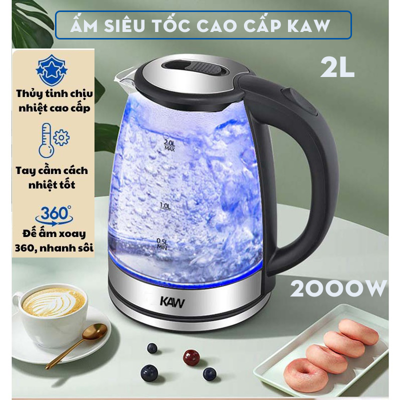 Am dun sieu toc Ấm siêu tốc điện máy chợ lớn Ấm đun nước siêu tốc KAW RK1818 dung tích 2L tiết kiệm điện bình thủy tinh trong suốt có đèn Led. Bảo hành lỗi 1 đổi 1 trong 6 tháng