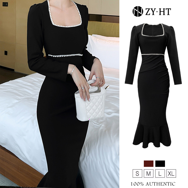 ZYHT eravogue đầm đuôi cá cổ áo vuông đầm body nữ ôm body dự tiệc sang trọng đầm thu đông đầm tay dà