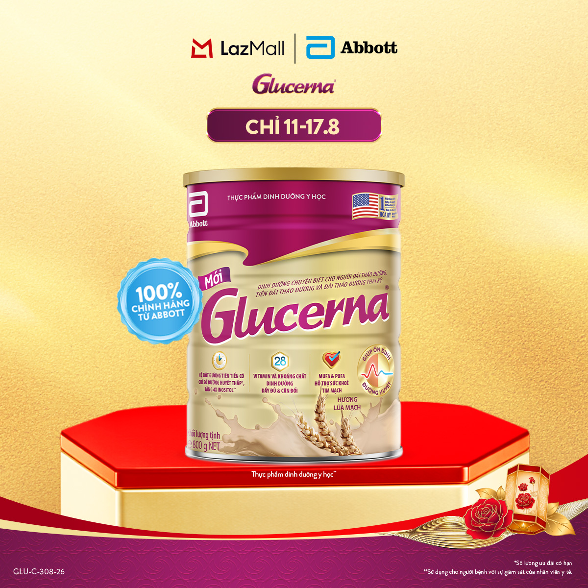 [CHỈ 11-17.8 GIÁ TỐT MUA NGAY-SLCH] Sữa bột Glucerna hương lúa mạch 800g