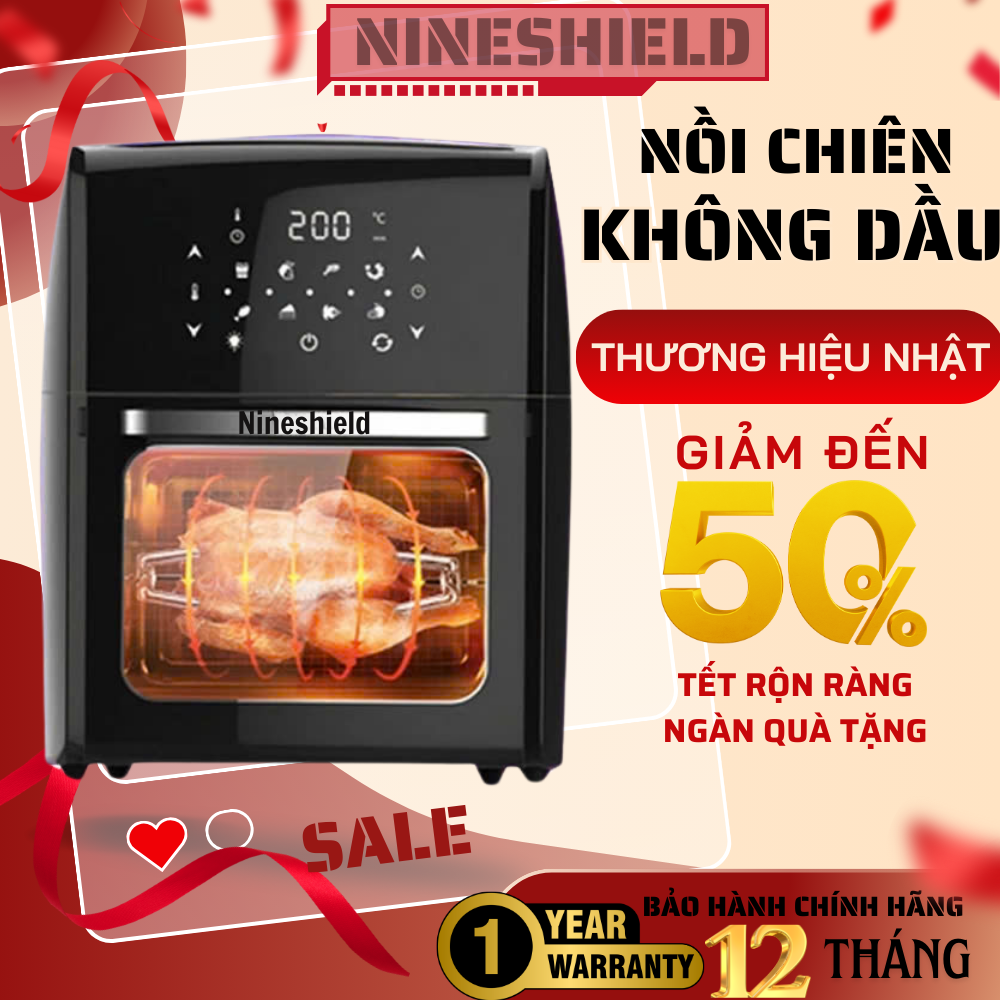 Nồi Chiên Không Dầu Nineshield KB-1200, 12.5L, Đen, Công nghệ Rapid Air