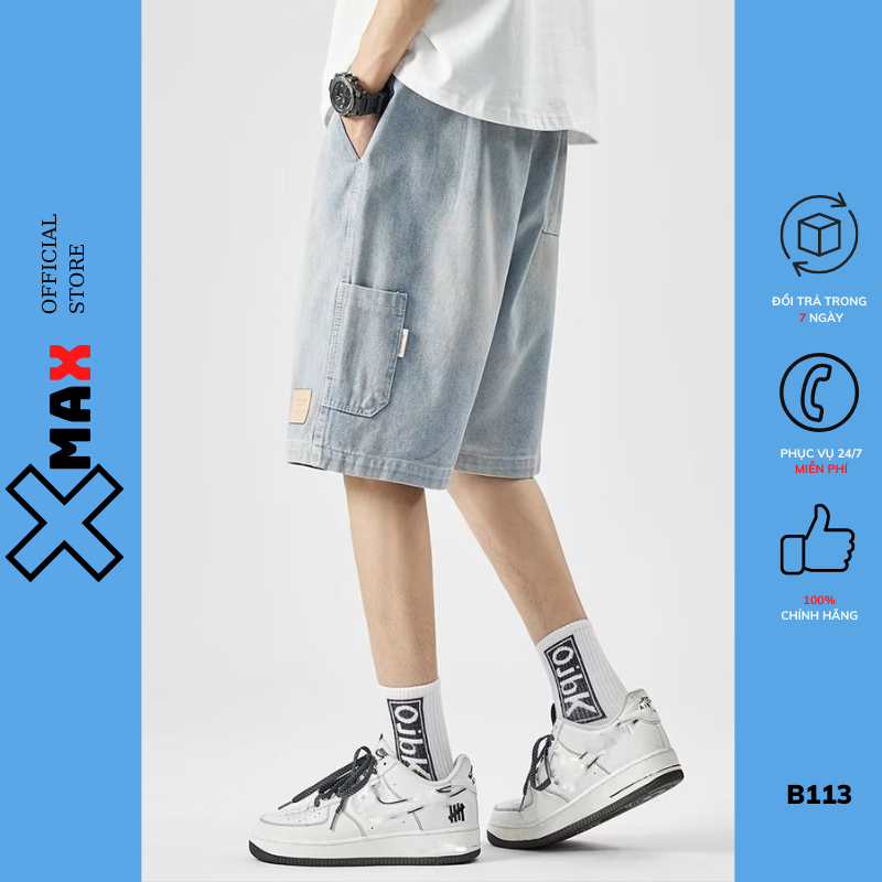 Quần short nam jean túi hộp Xmax lưng chun co giãn ống rộng quần đùi nam lửng cargo pant cạp chun co
