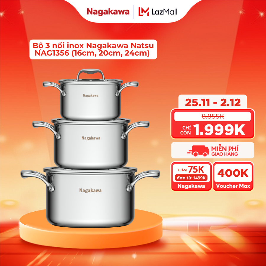Bộ nồi inox Nagakawa Natsu NAG1356 3 kích thước 16cm 20cm 24cm kết cấu 5 lớp toàn phần dùng trên mọi