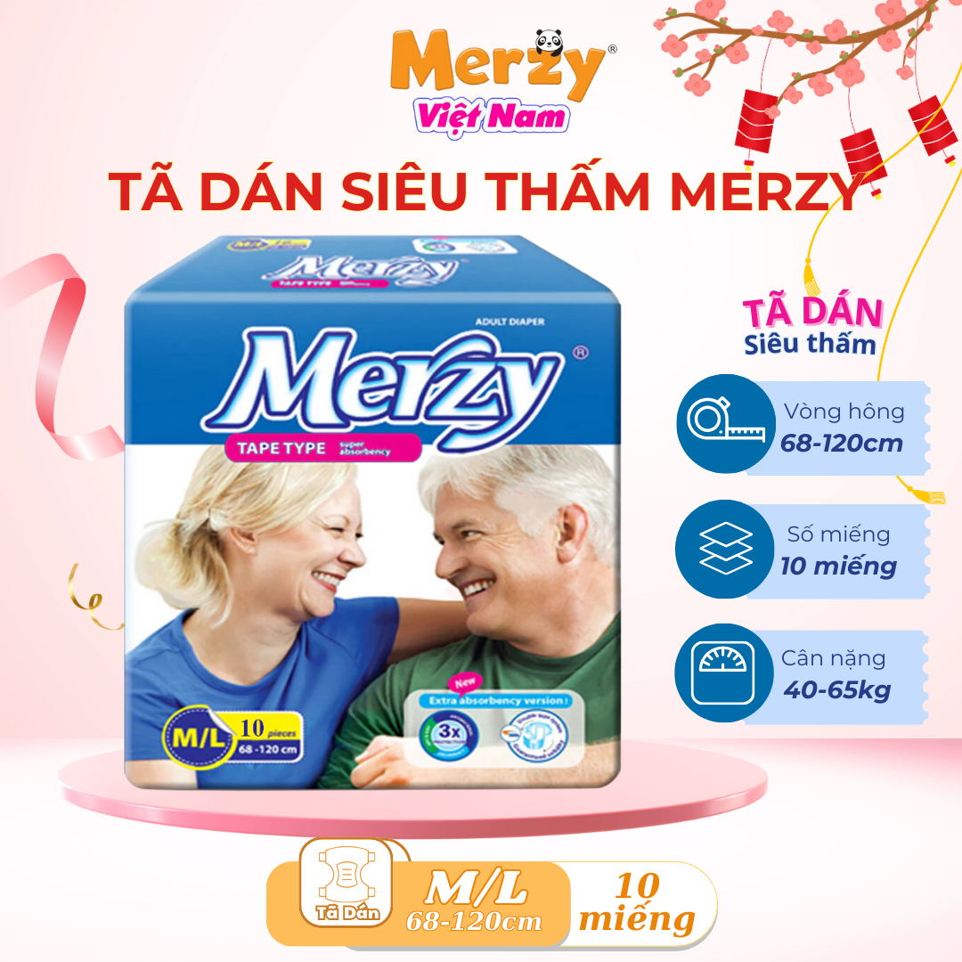 Tã người lớn Merzy bỉm người già size m/l 10 miếng  bỉm người lớn khô thoáng siêu thấm