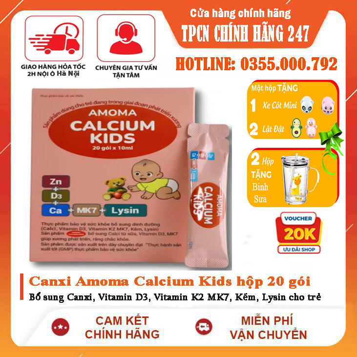 Canxi Unical Amoma Calcium Kids hộp 20 gói - Bổ sung Canxi, Vitamin D3, Vitamin K2 MK7, Kẽm, Lysin cho trẻ