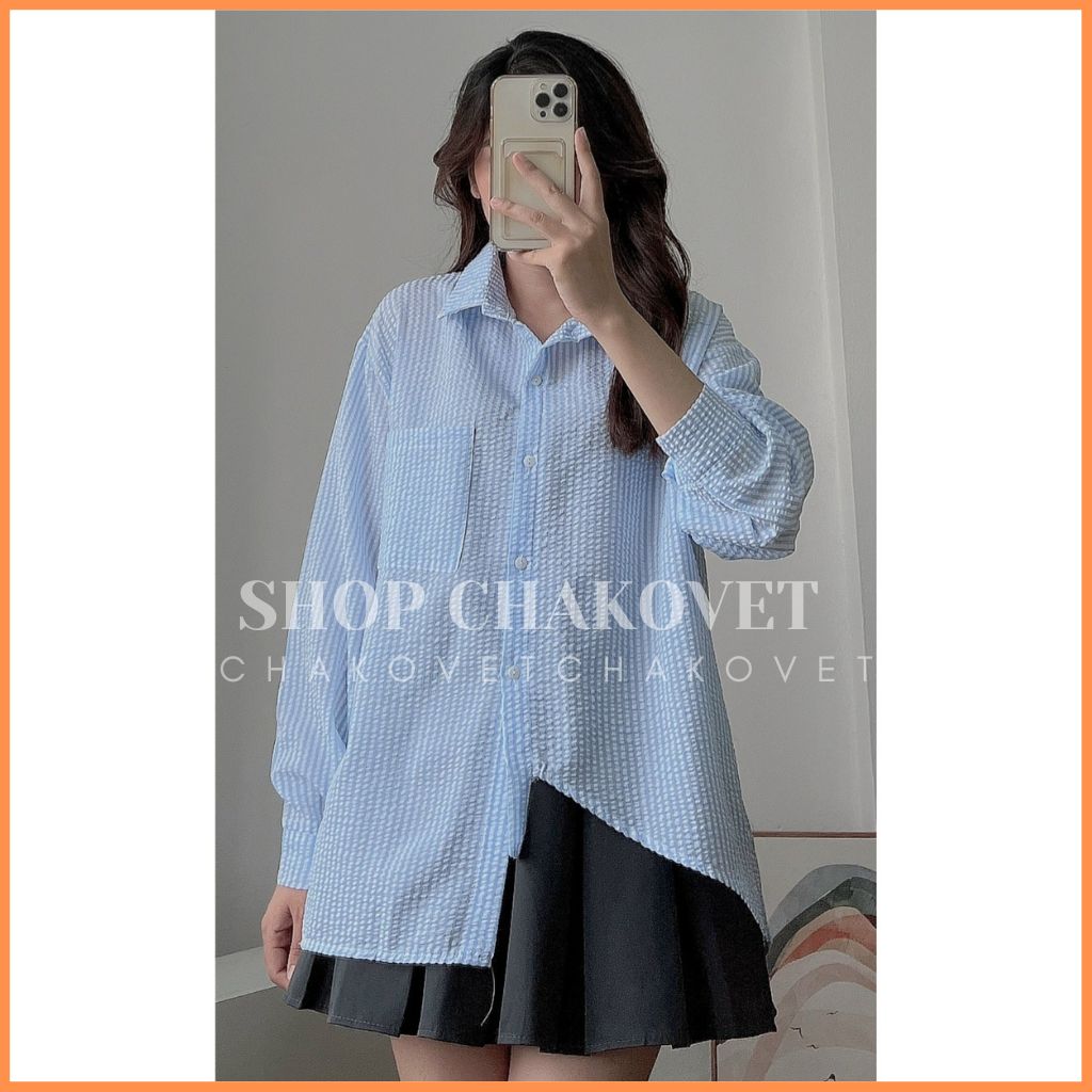 Áo Sơ Mi Kẻ Sọc Vạt Lệch Tiểu Thư Áo Đũi Xốp Xẻ Lưng Phong Cách Vintage Hàn Quốc Đi Chơi Cực Xinh Xắ