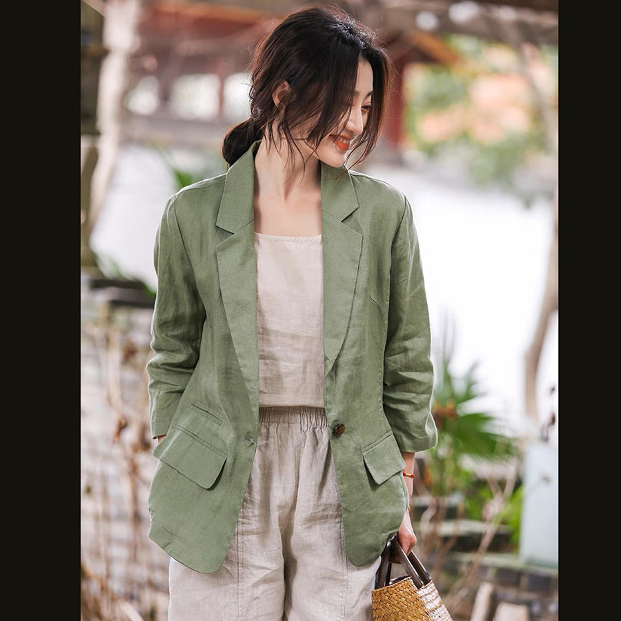 Áo blazer Linen Hàn cổ ve vuông tay chun 1 lớp trẻ trung chất vải Linen Premium mềm mát mộc mạc có 3 màu lựa chọn (Xanh rêu Trắng Muối tiêu)
