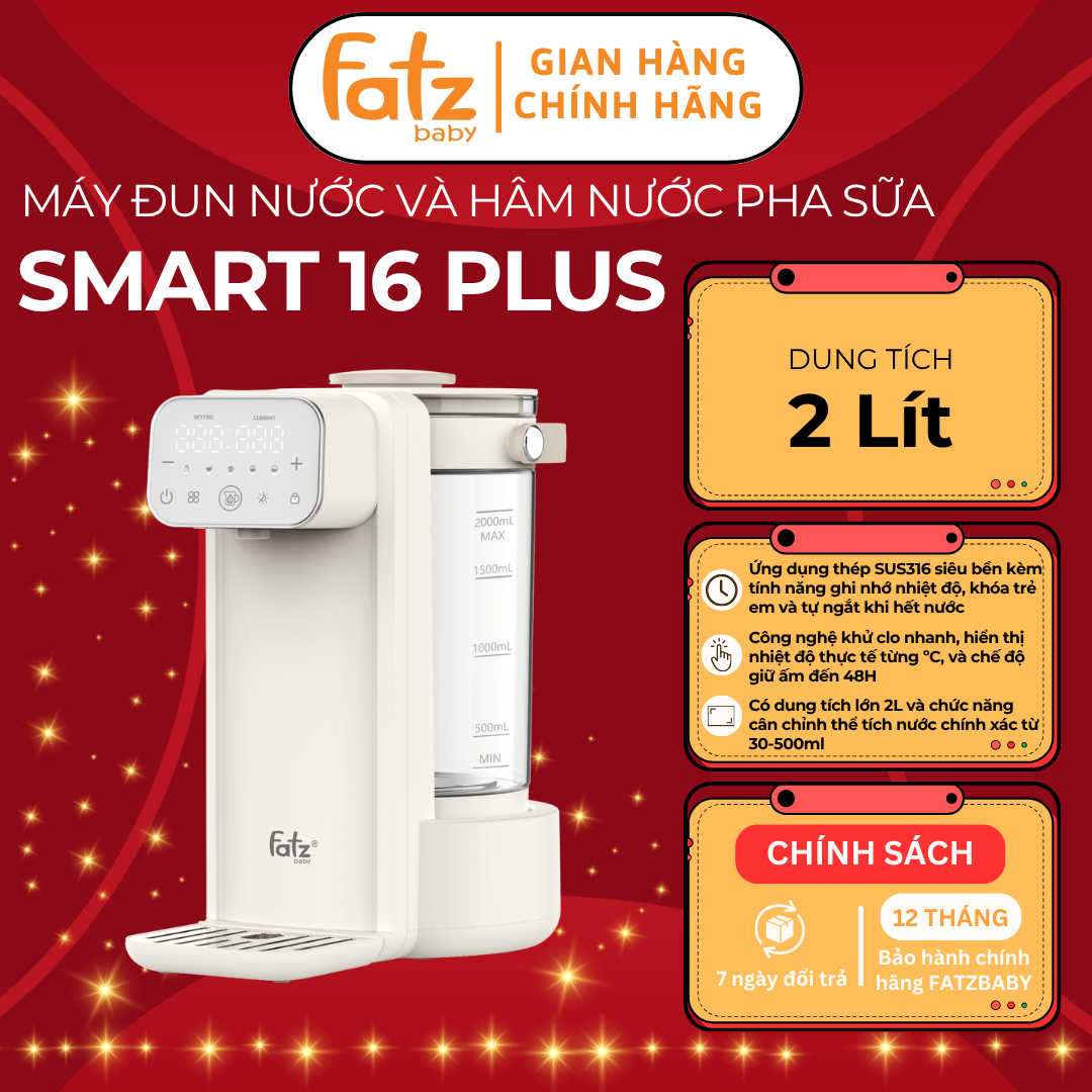 Máy đun và hâm nước pha sữa thông minh FATZ BABY Smart 16 Plus FB3870HB lấy nước tùy chỉnh theo nhu cầu từ 30-500ml dung tích 2 lít