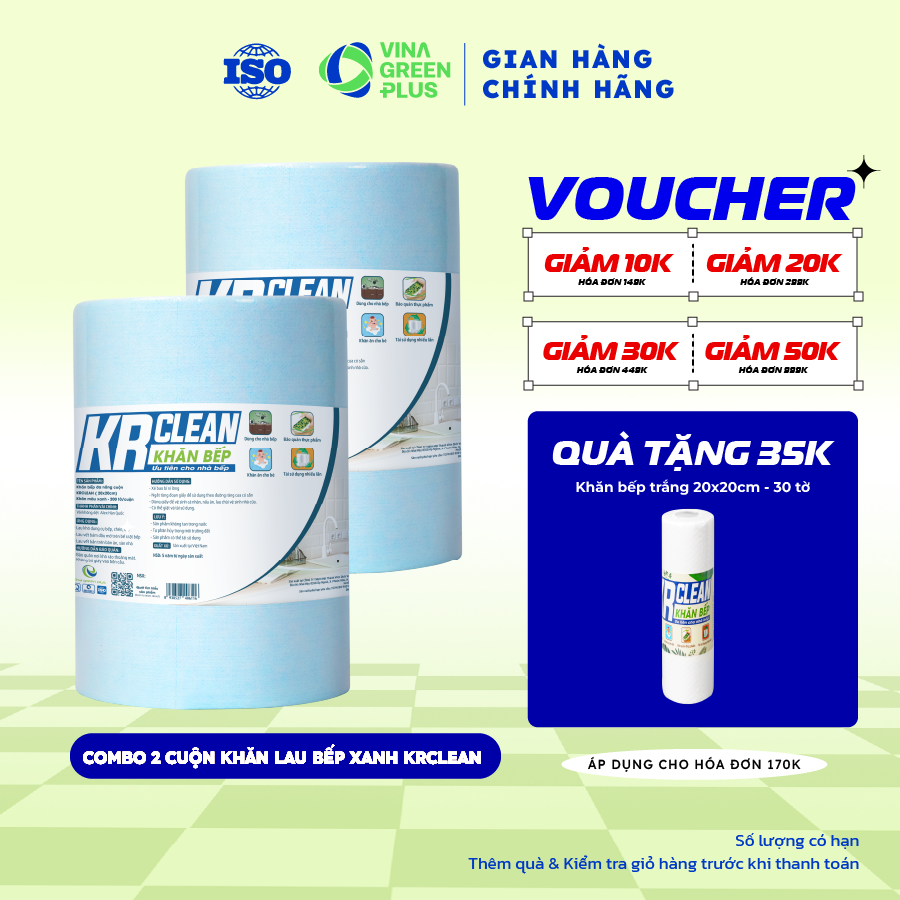 [Combo 2] Cuộn Khăn giấy lau bếp xanh KRCLEAN 200 tờ 20x20cm thấm hút tốt lau chén bát lau bề mặt că