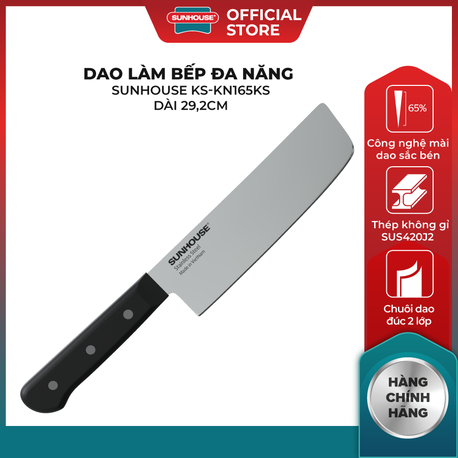 Dao Thái SUNHOUSE KS-KN165SS - Dài 29.2 cm - Công Nghệ Mài Dao Sắc Bén - Thép Không Gỉ SUS420J2 - C