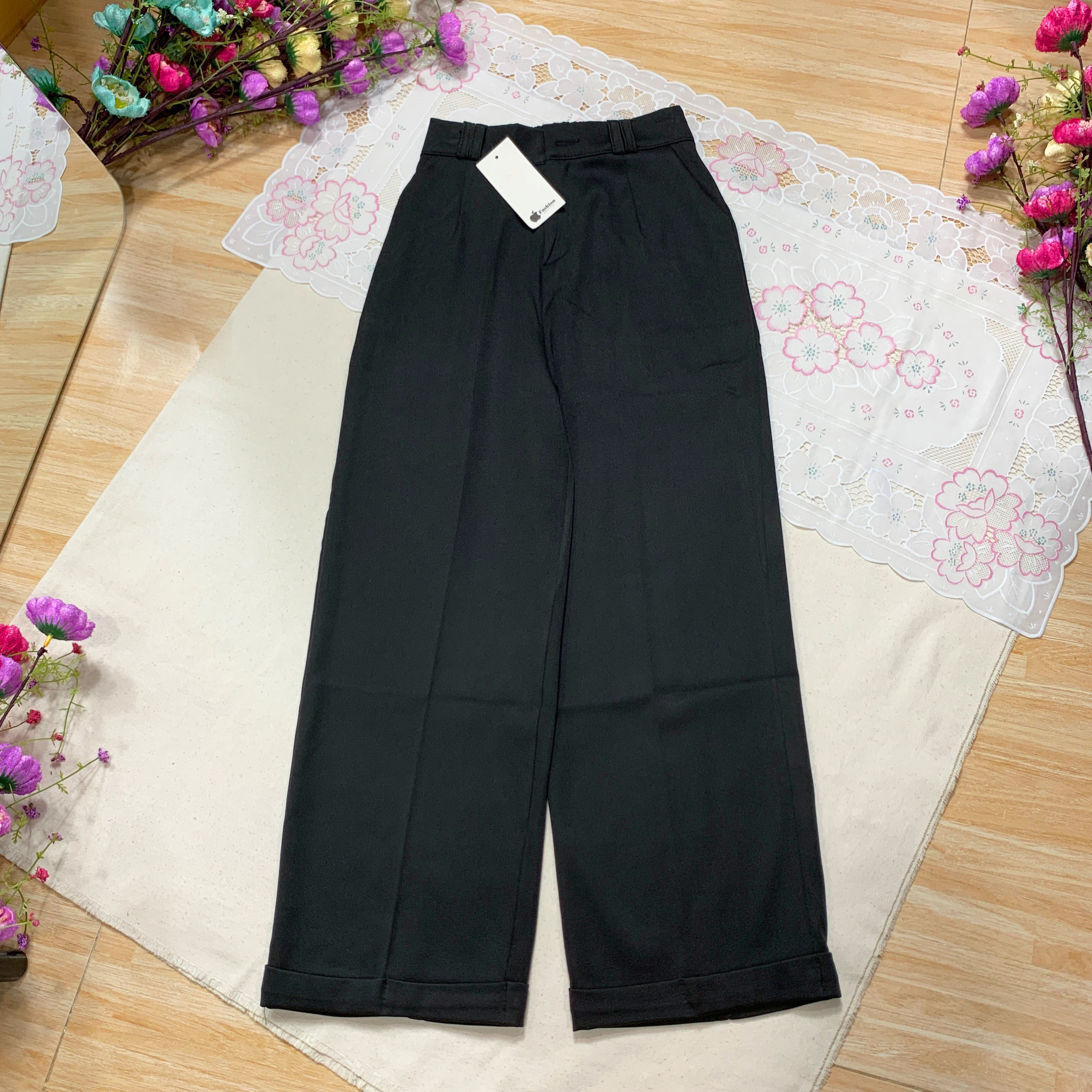 Quần Tây Ống Rộng Nữ Lưng Cao Xắn Lai Chun Thun Sau Quần Tây Ống Suông Đi Học Mã 866 Quần Công Sở - 