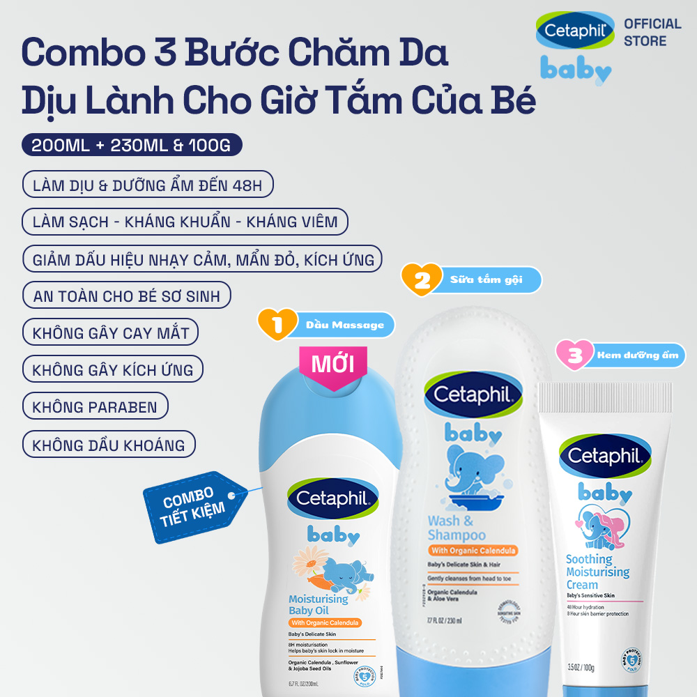 Combo dự sinh 3 bước chăm sóc da bé toàn diện Dầu Massage 200ML + Sữa tắm gội 230ML + Kem dưỡng ẩm 100G Cetaphil Baby