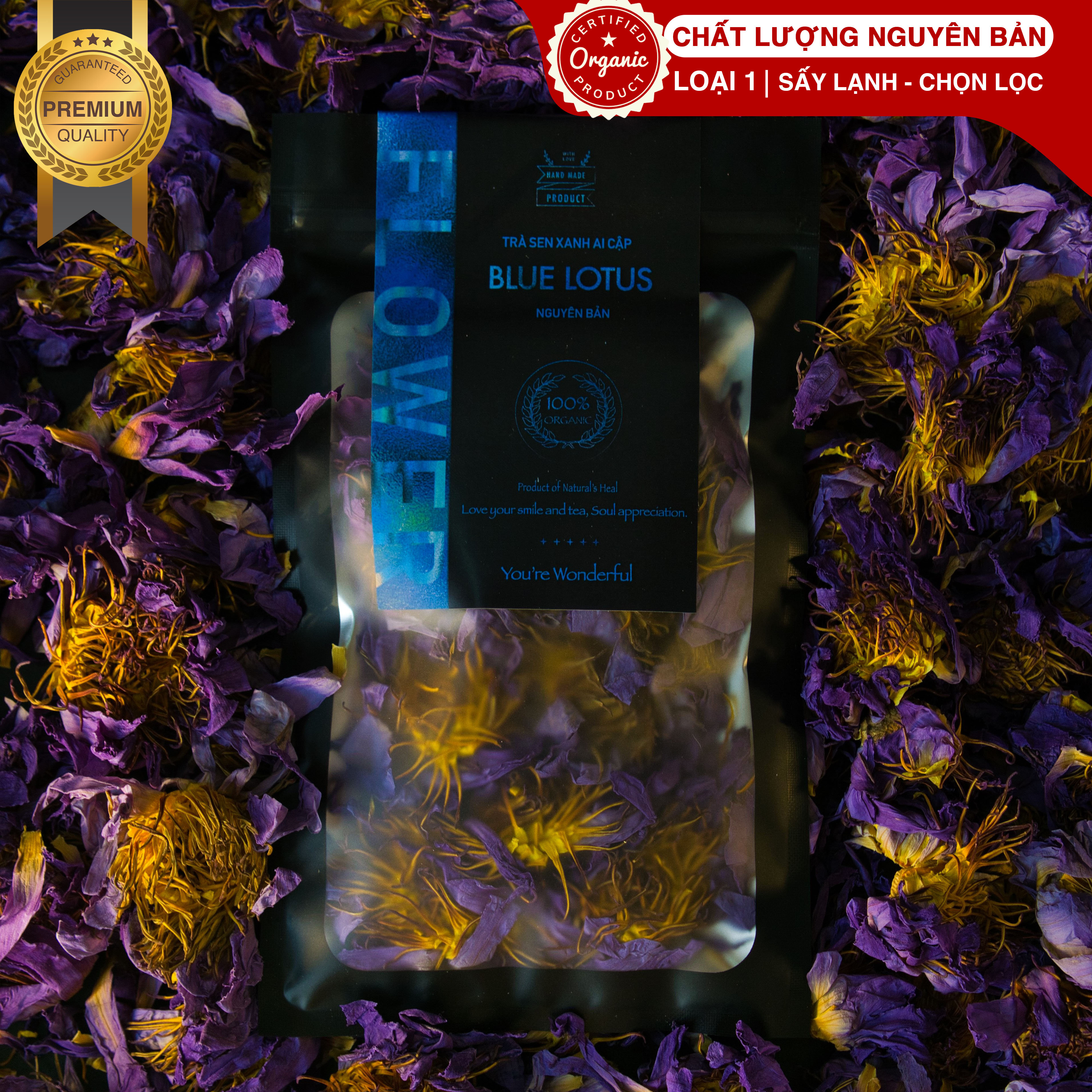Sen Xanh Ai Cập - Organic Blue Lotus - Nguyên Bản - 50G | Naturals Heal - Hỗ Trợ Thiền Định Thư Giãn Giảm Stress Ngủ Ngon Nâng Cao Giấc Mơ Cân Bằng Cảm Xúc Tăng Cường Sinh Lý Tự Nhiên | Trà thảo dược
