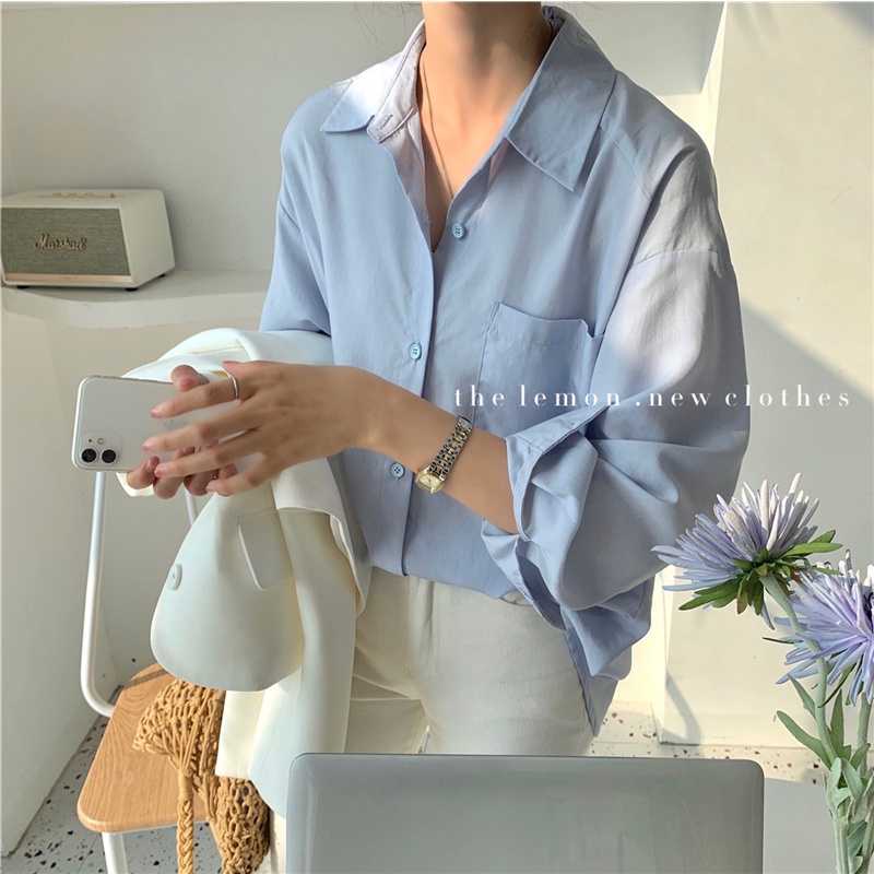 áo sơ mi nữ form rộng tay dài kiểu hàn áo sơ mi nữ trắng 1 túi basic điệu đà