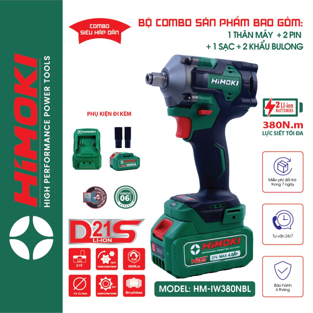 Máy siết bulong Himoki HM-IW380NBL Không chổi than - Máy bắɴ bulong 380Nm Chân Pin Phổ Thông bảo hàn