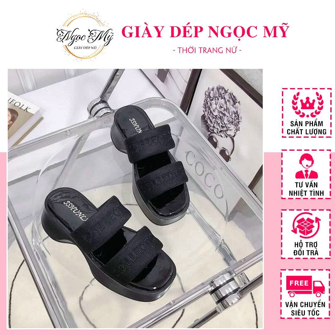 Dép bánh mì đế cao Giày Dép Ngọc Mỹ - Dép bánh mĩ nữ đế cao 2 quai vải thêu chữ mẫu hot trend mới 20
