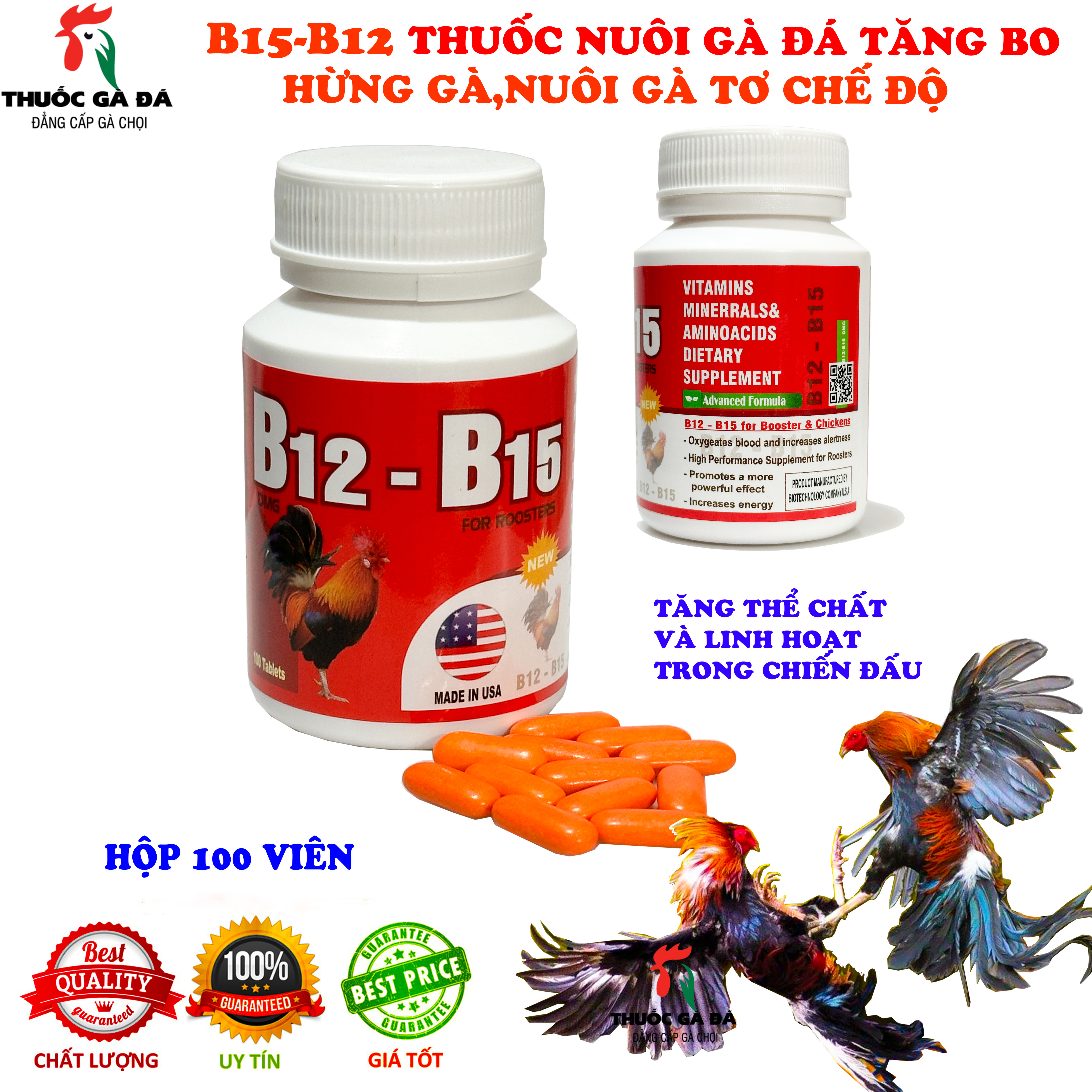 B15-B12 USA. DÀNH CHO GÀ ĐÁ- B15 &amp; B12 Dinh dưỡng GÀ ĐÁ HŨ 100 VIÊN Tăng bo tải cựa phục hồi gà ốm dậy.
