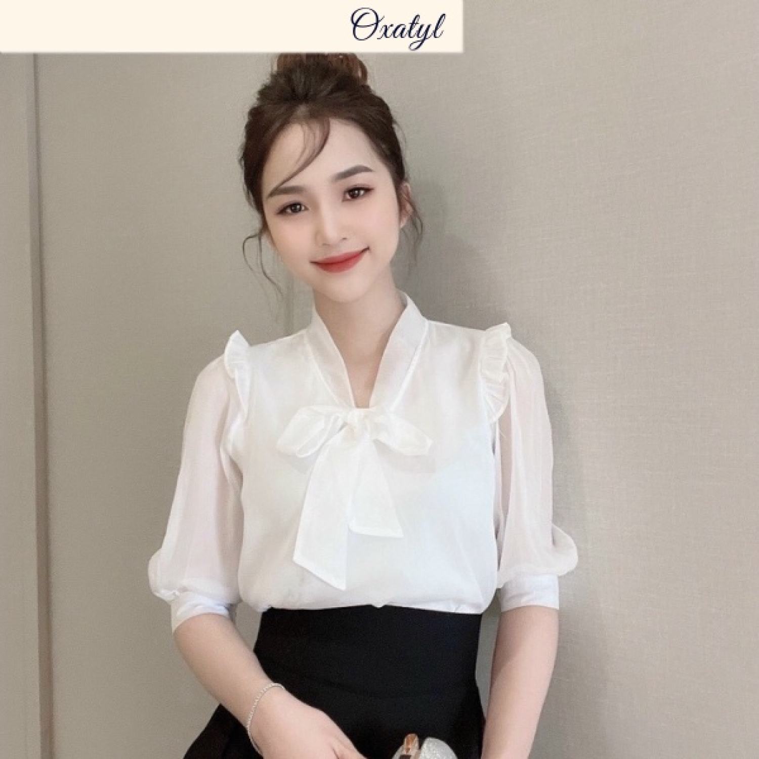 Áo Sơ Mi công sở nữ cổ thắt nơ tay bèo Chất liệu vải von cao cấp Mã OA001