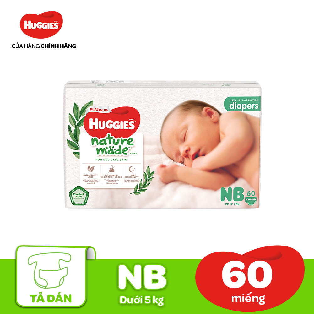 [30.7 QUÀ TẶNG ĐƠN 399K] Tã/Bỉm dán sơ sinh Huggies Platinum NatureMade NB60 (dưới 5kg)-Gói Jumbo 60 miếng