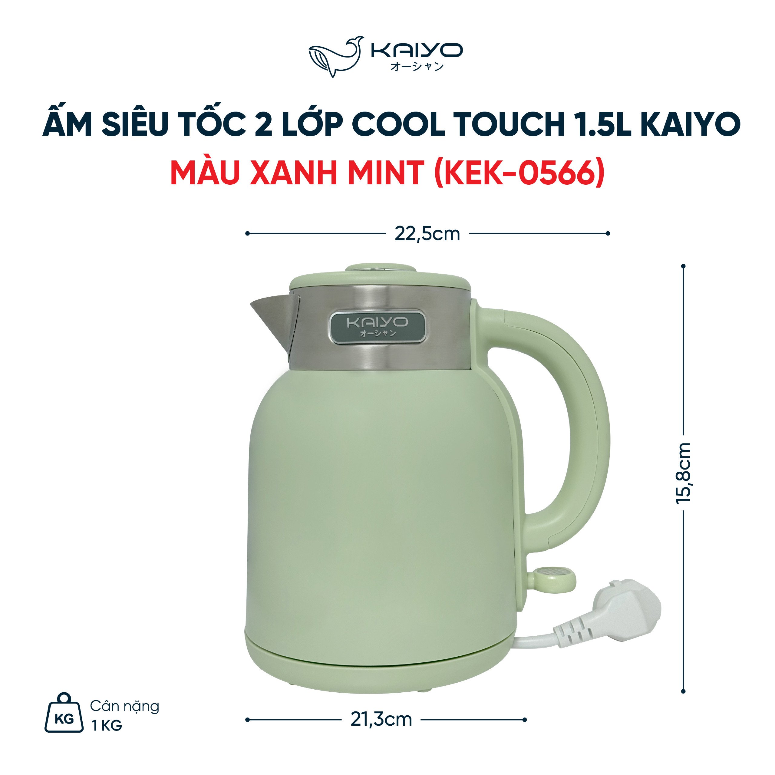 Ấm siêu tốc 2 lớp Cool touch Kaiyo 1.5 lít, ấm đun nước siêu tốc sôi nhanh thương hiệu Nhật Bản Bảo hành 2 năm