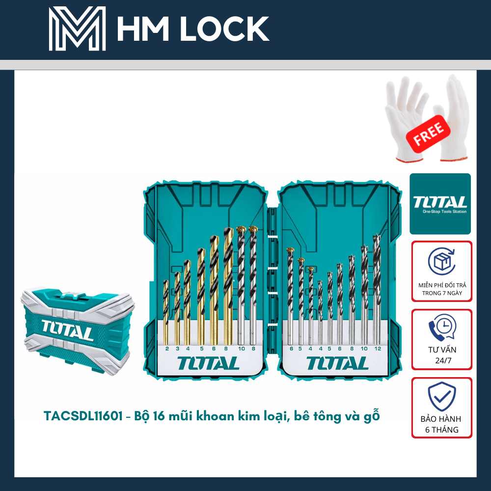 BỘ 19 MŨI KHOAN KIM LOẠI HSS 1-10MM TOTAL - HÀNG CHÍNH HÃNG - TACSD0195 - HM LOCK
