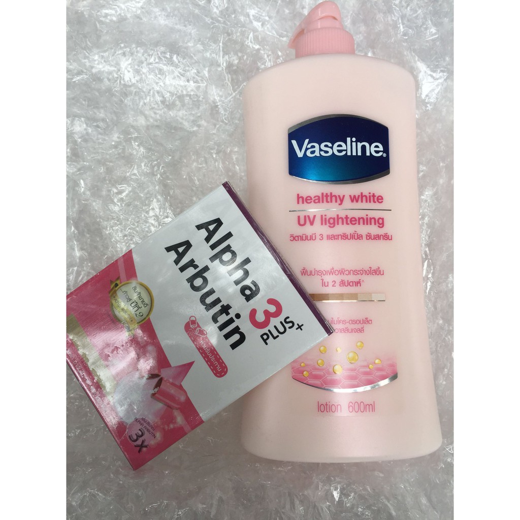 Combo Dưỡng Vaseline 400Ml+Vỉ 10 Viên Kích Trắng Arbutin