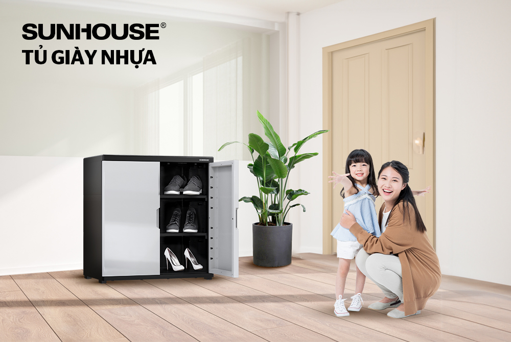 Tủ giày nhựa 2 cánh 1 ngăn Sunhouse Chính hãng Khớp nối thông minh dễ dàng tháo lắp tủ có bánh xe ti