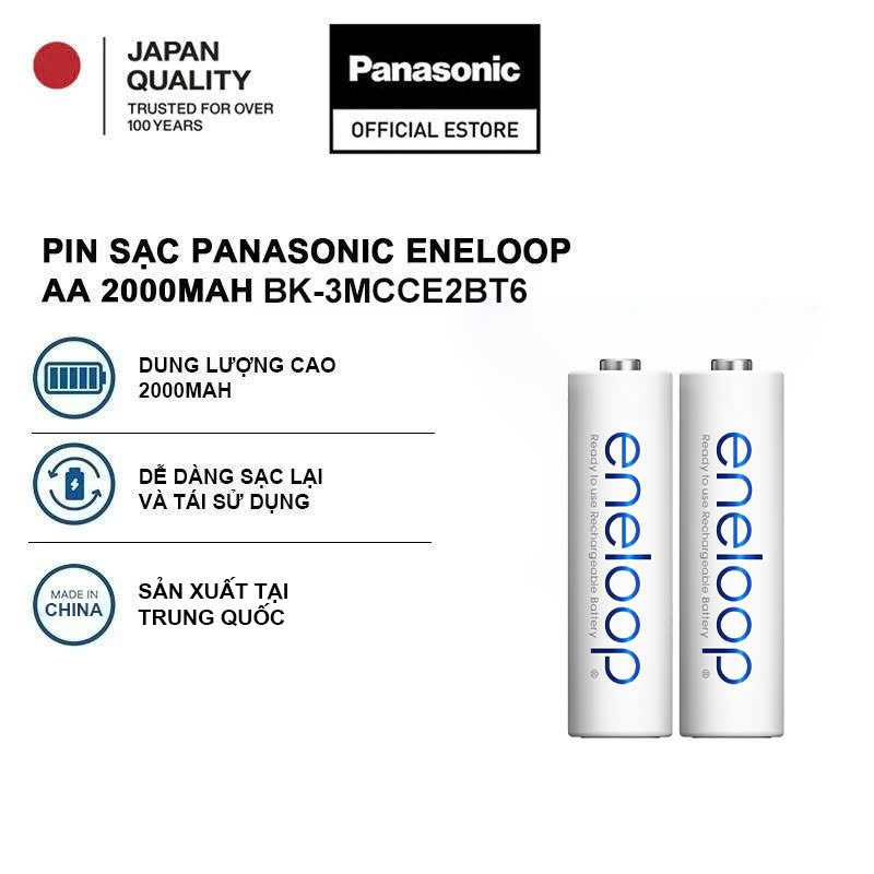 Pin sạc Panasonic eneloop AA 2000mAh BK-3MCCE2BT6 (Vỉ 2 viên) - Hàng chính hãng