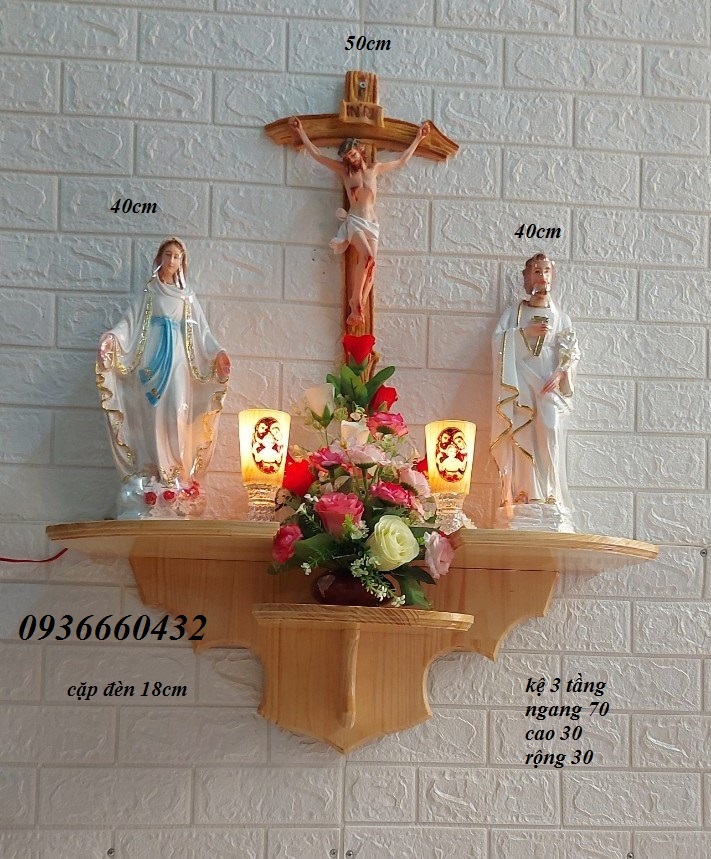 BỘ BÀN THỜ THIÊN CHÚA TƯỢNG ĐỨC MẸ THÁNH GIUSE CAO 40CM VÀ THÁNH GIÁ CHÚA 50CM KỆ 3 TẦNG ĐÈN HOA