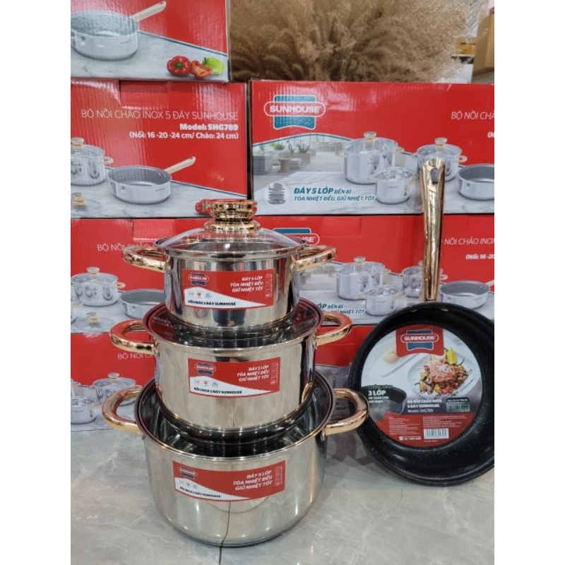BỘ NỒI CHẢO INOX 5 ĐÁY SUNHOUSE SHG789 - dùng mọi loại bếp chảo 24cm chống dính