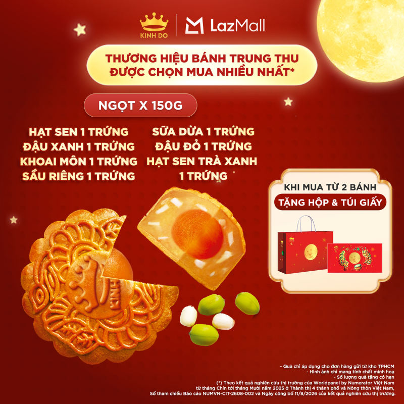 Bánh trung thu Kinh Đô - Bánh nướng nhân ngọt 1 trứng 150g (Hạt sen/ Đậu xanh/ Khoai môn/ Sầu riêng/ Sữa dừa/ Đậu đỏ)