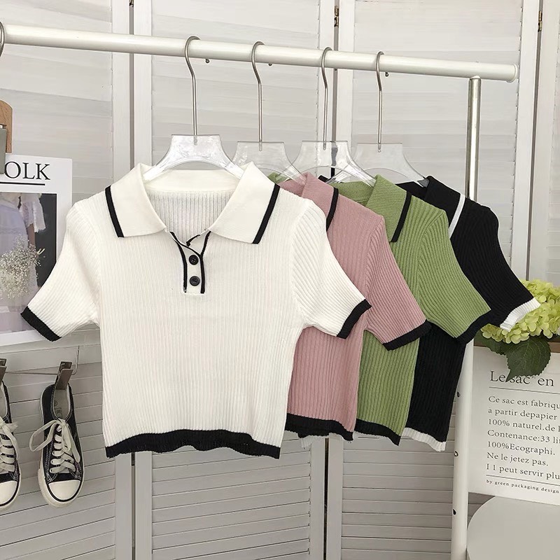 Áo thun gân tăm len croptop dáng ngắn trụ viền cổ cổ sơ mi thun kiểu croptop  nhiều mau chất thun gâ