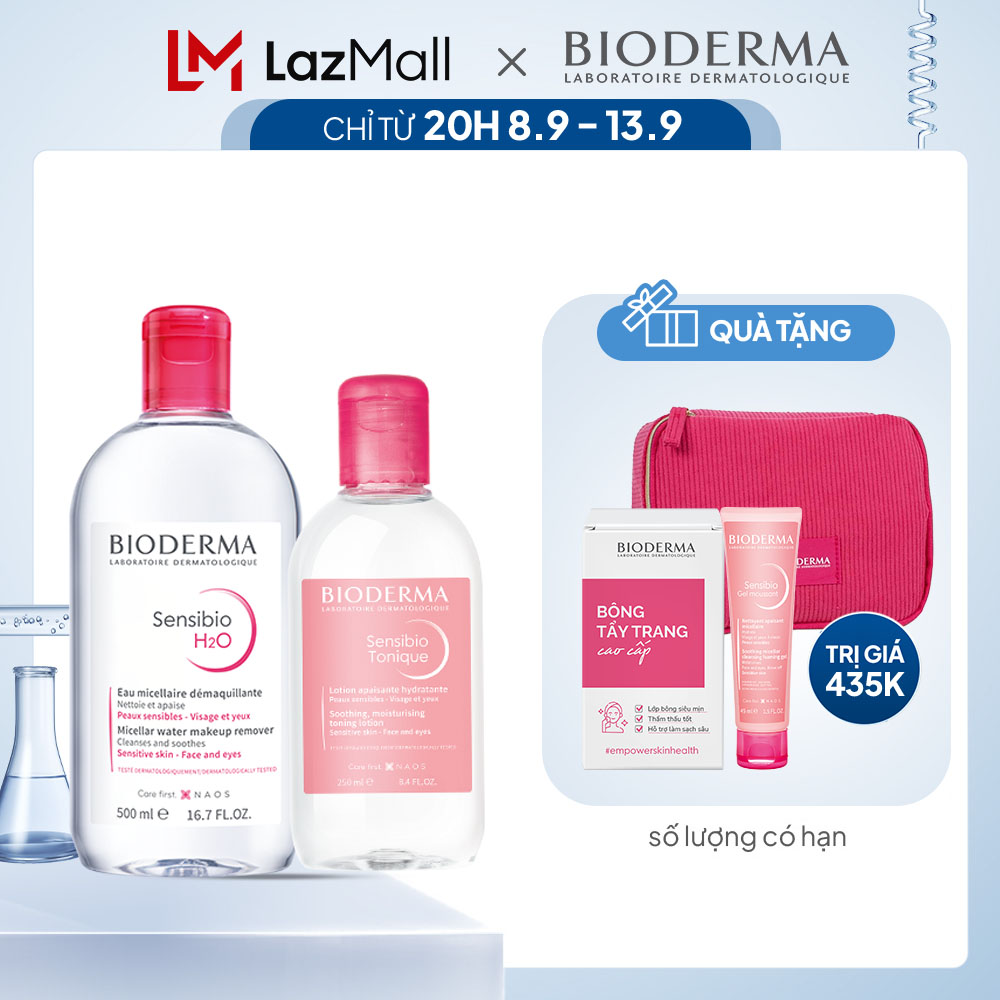 Bộ đôi nước tẩy trang làm sạch micellar cho da nhạy cảm Bioderma Sensibio H2O 500ml và dung dịch cân