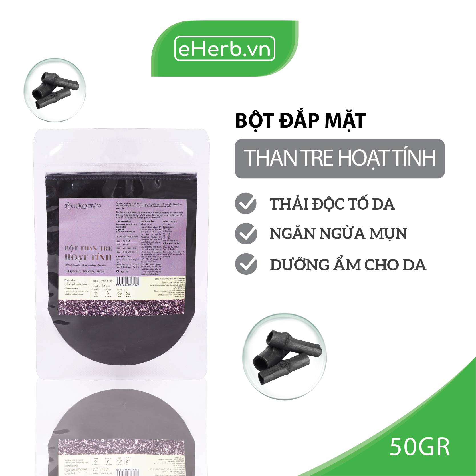 Bột Than Tre Hoạt Tính Nguyên Chất Đắp Mặt Nạ Detox & Dưỡng Ẩm Làn Da Milaganics 50G (Túi Zip)