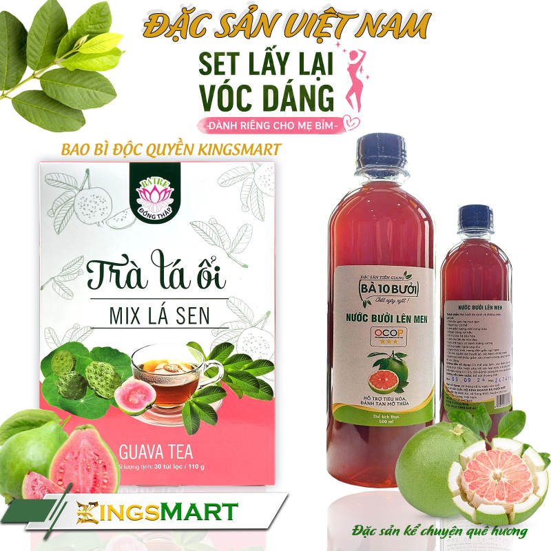 Trà lá ổi mix lá sen - Thương hiệu Ba Tre - Đặc sản Đồng Tháp - Hộp 110g/30 túi lọc - Kingsmart