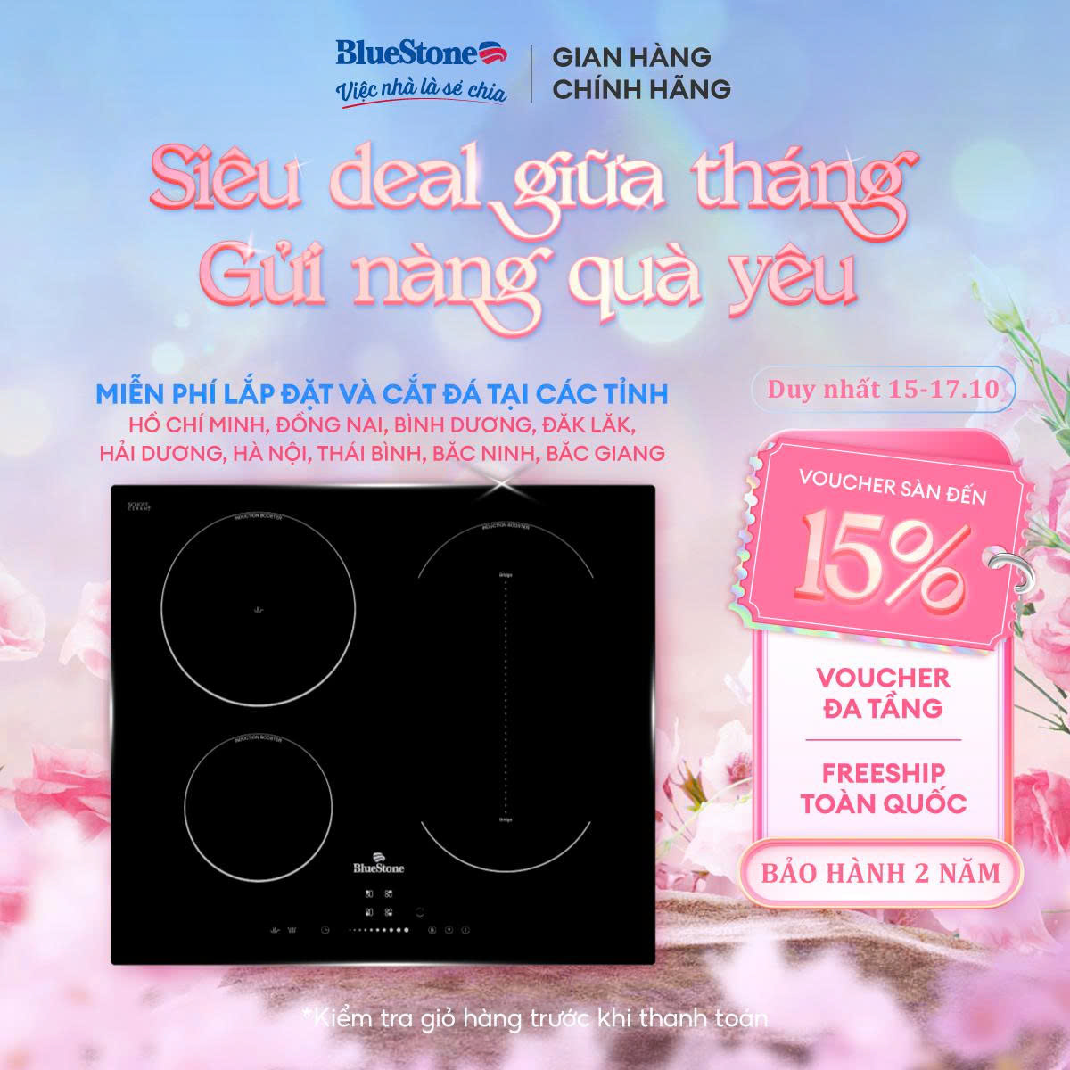 Bếp từ ba Bluestone ICB-6845 7100W - Kích thước 590x520mm, màu Đen