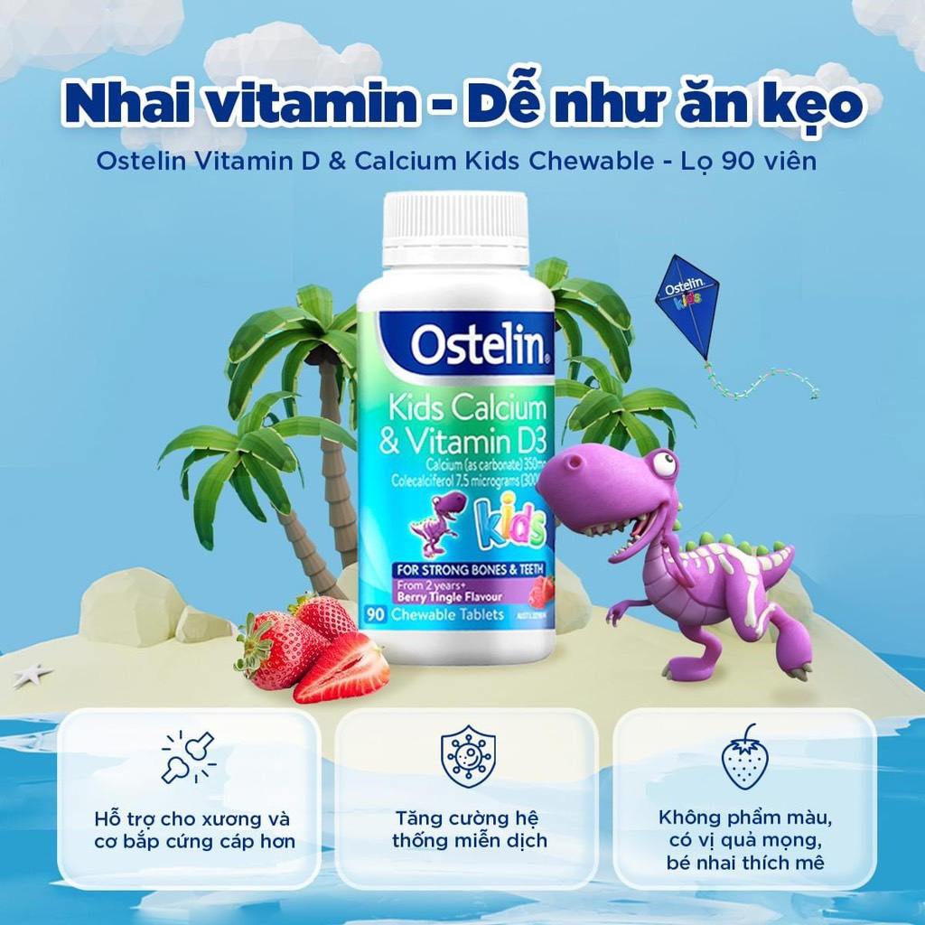 Kẹo nhai bổ sung canxi va d3 Ostelin Kids Calcium &amp; Vitamin D3 90 Tables phát triển chiều cao vị dâu