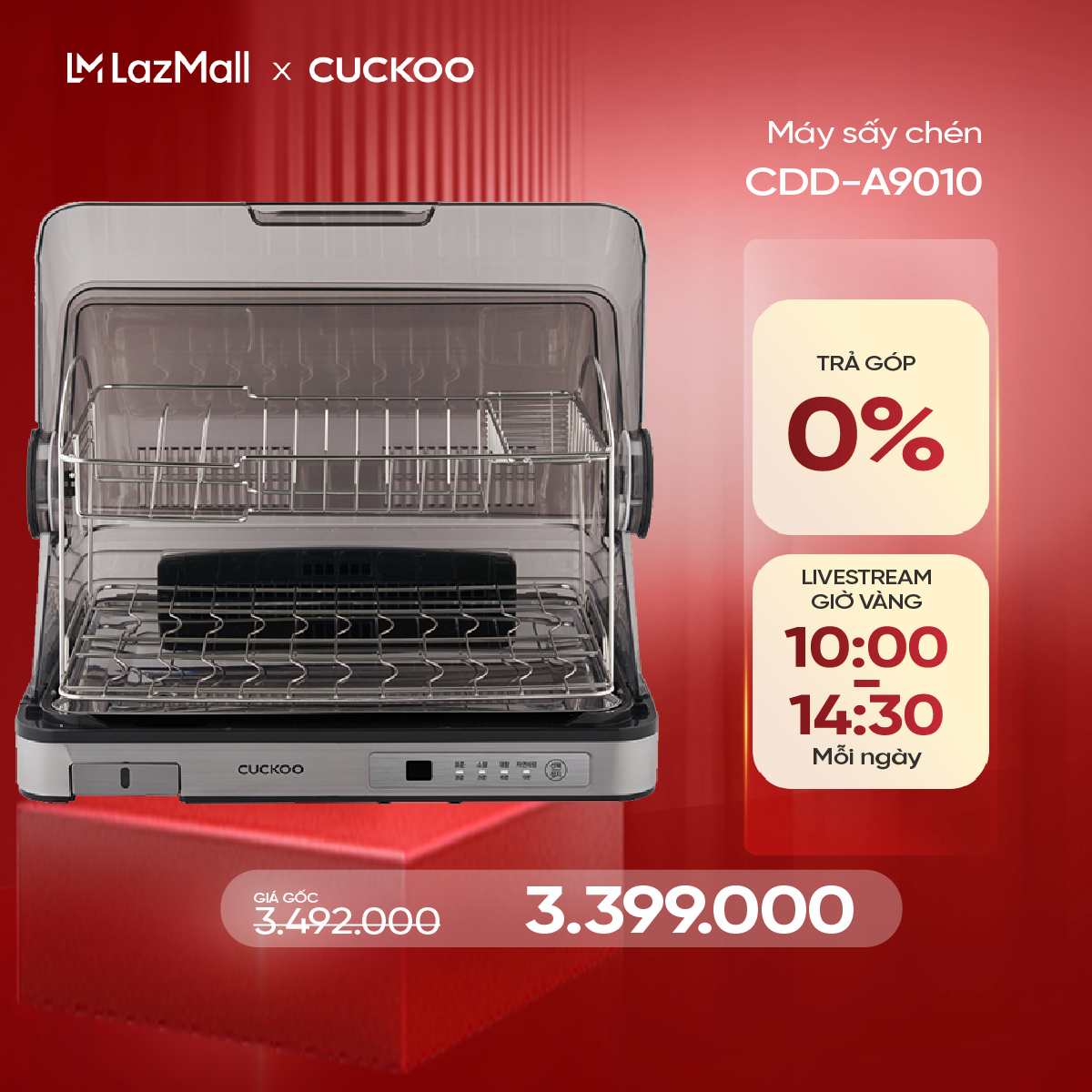 Máy sấy chén Cuckoo 40 lít CDD-A9010 - 4 chế độ sấy - Khung thép không gỉ - Phiên bản Tiếng Anh - Hà