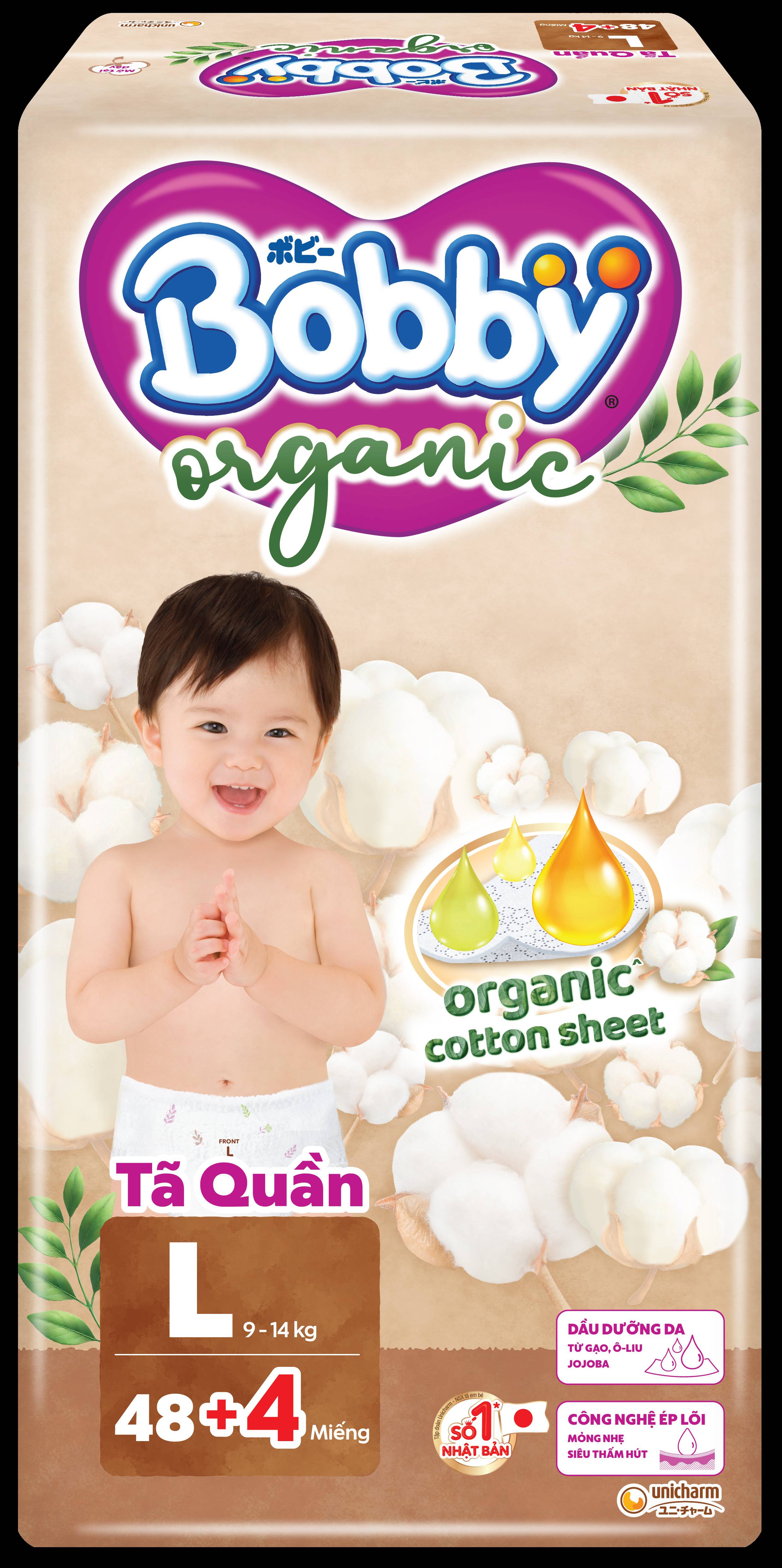Tã Quần Bobby Organic Chứa Sợi Cotton Tự Nhiên M52+4/L48+4/XL46+4/XXL42+4/XXXL31+4- 6 Kg Đến 30 Kg - Kho Bỉm Thanh Ngân