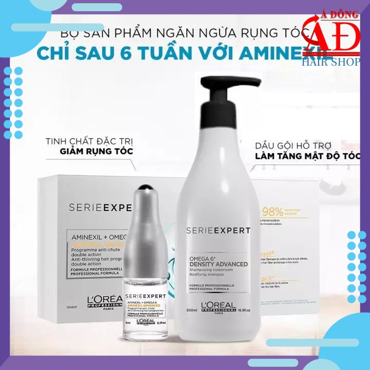 Bộ Dầu Gội Loreal Omega 6 Density Và Tinh Chất Aminexil Cho Tóc Rụng Nhiều Thưa Mỏng 500Ml+6Ml*10