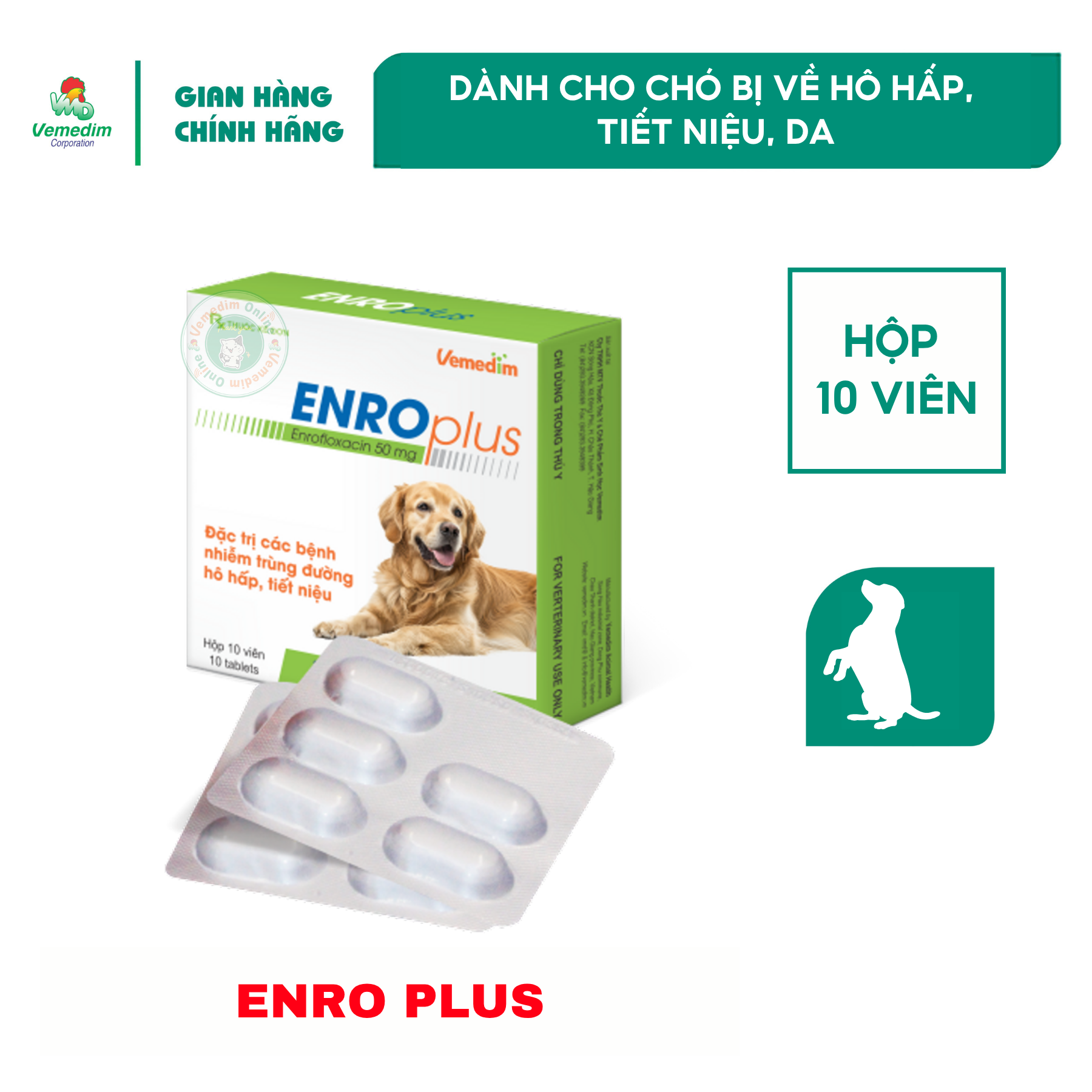 Vemedim ENRO plus viên uống dành cho chó bị về hô hấp tiết niệu da viêm tai ngoài hộp 10 viên