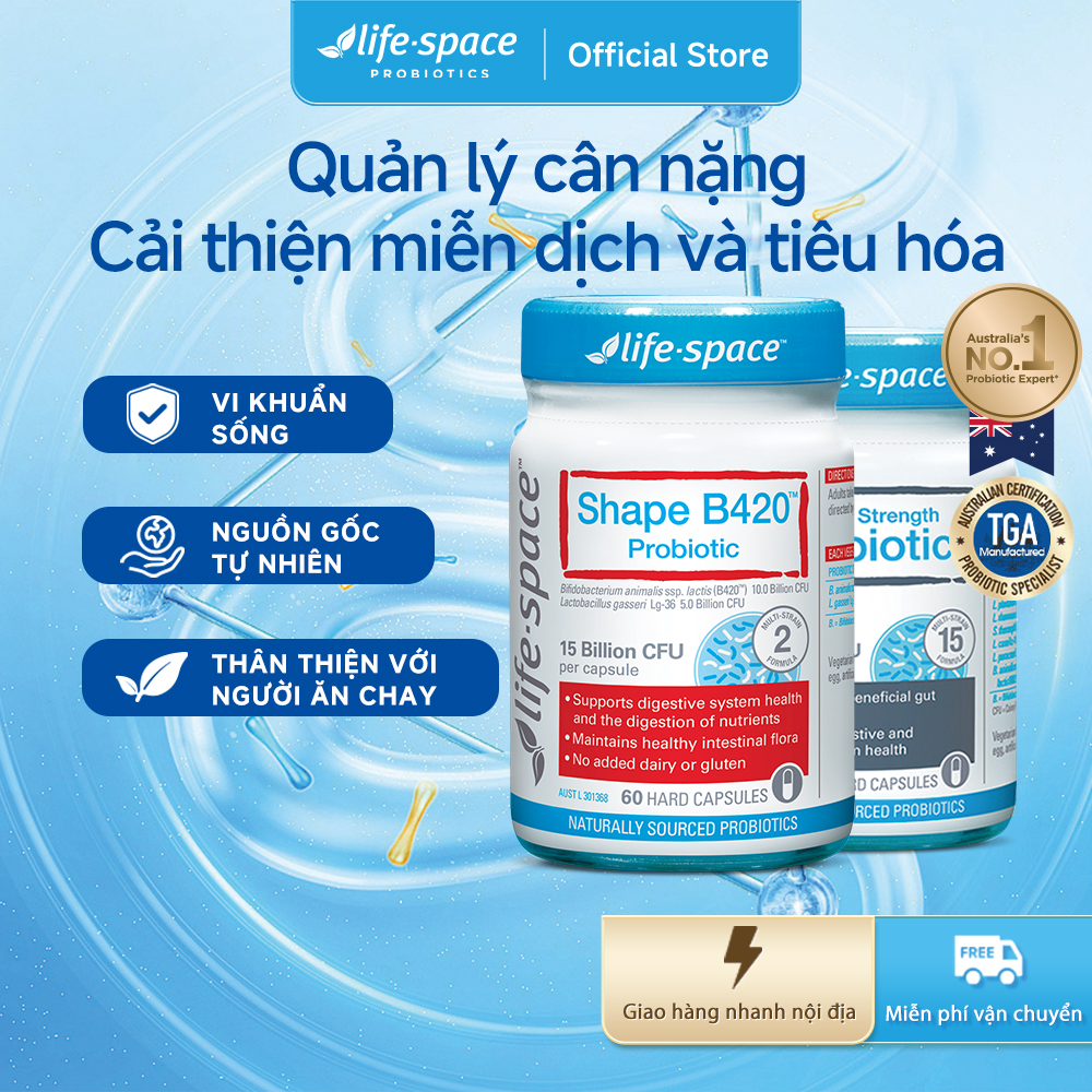 Combo Men vi sinh Life Space Shape B420 60 viên và Double Strength Probiotic 30 viên Prebiotic