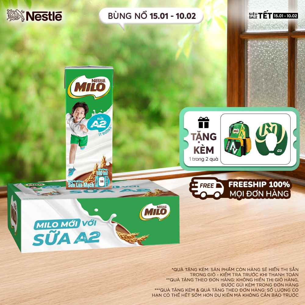 [ƯU ĐÃI THÁNG 2] [FREESHIP HCM] Thùng Sữa Lúa Mạch Nestle MILO A2 MỚI 48 hộp (4x180ml)