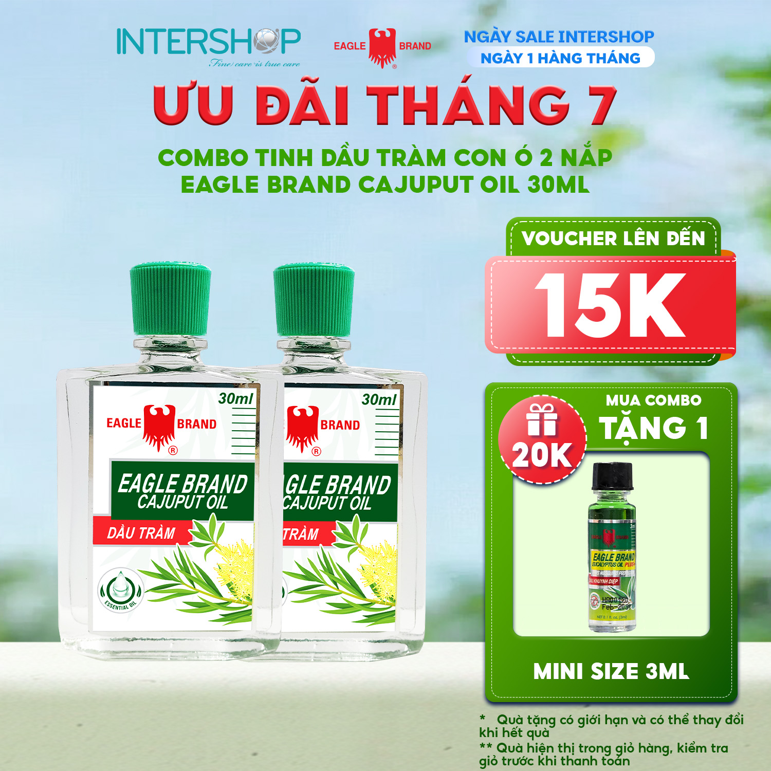 Combo 2 Dầu Tràm Con Ó 2 Nắp Eagle Brand Cajuput Oil 30ml hỗ trợ giữ ấm cảm cúm cho bé giảm đau bụng đầy hơi