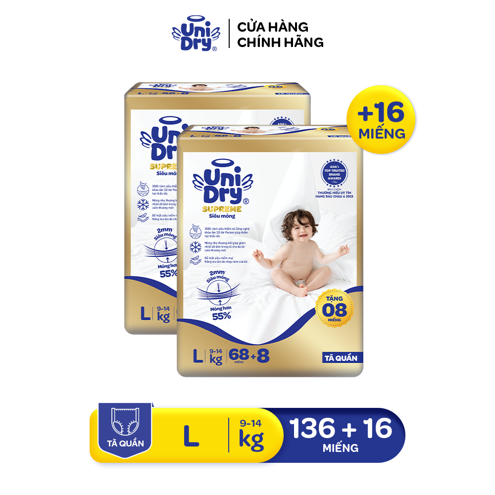 [Siêu mỏng 2mm] Combo 2 tã quần UniDry Supreme size M76/L68/XL60/XXL54 + 8 miếng