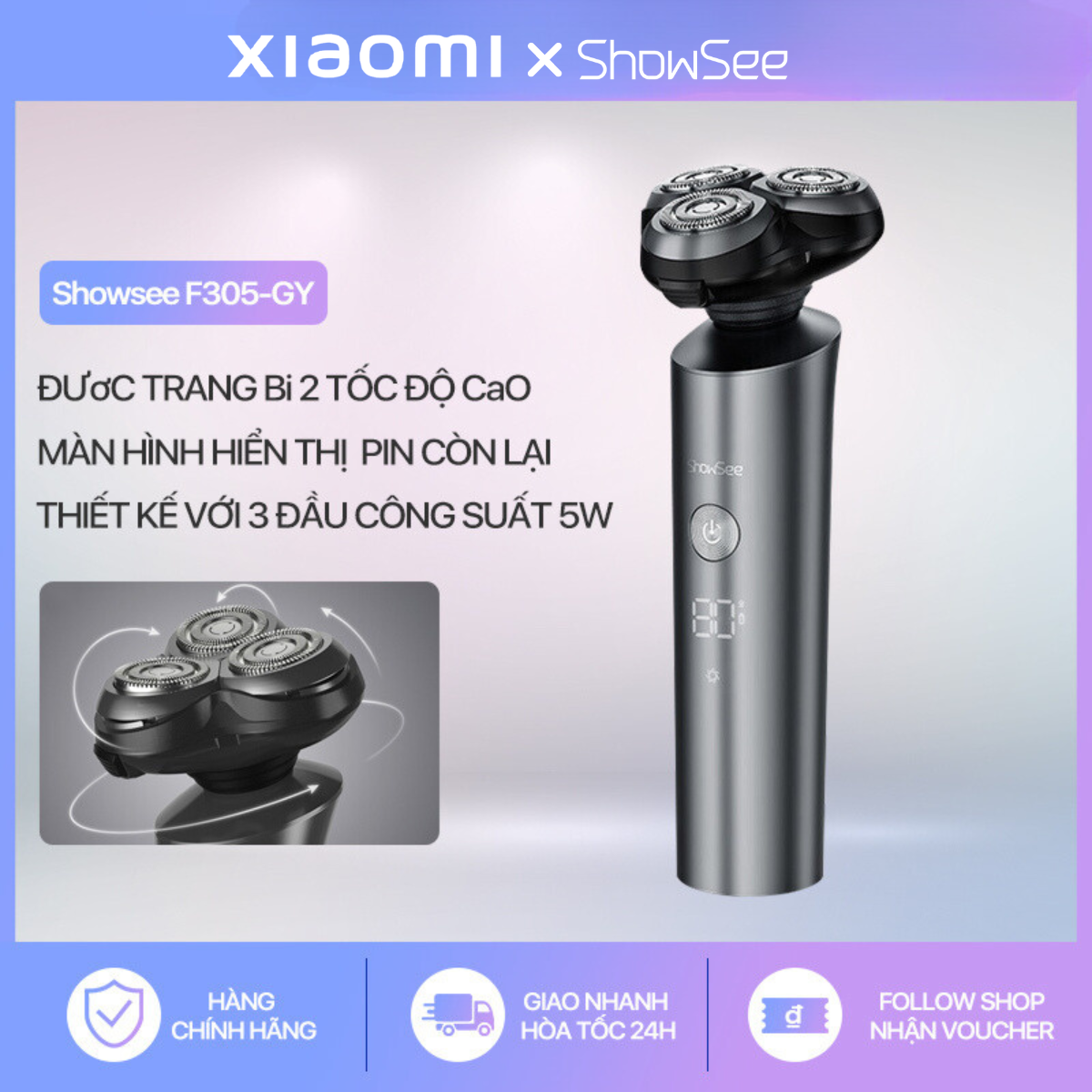 Máy cạo râu Xiaomi Showsee F305-GY - thiết kế lưỡi cạo 360° - Chống nước IPX7 - Xiaomi Fans