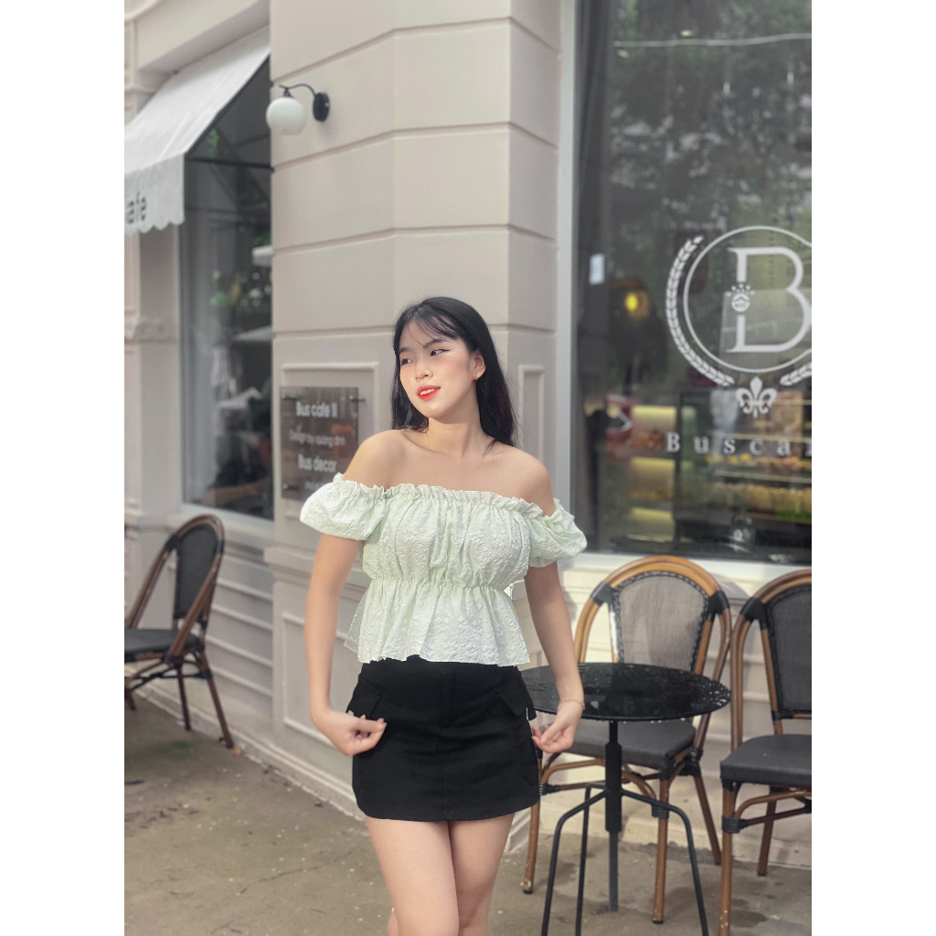 Áo Croptop Bẹt Vai Nữ Tay Ngắn IKAO STATION Áo Kiểu Tiểu Thư Ngang Vai Tay Phồng Trễ Vai Nhún Bồng B