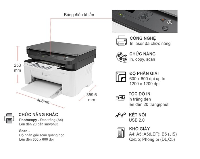 Máy in laser đen trắng HP 136A (4ZB85A) A4/A5/ In/ Copy/ Scan - Hàng chính hãng HP