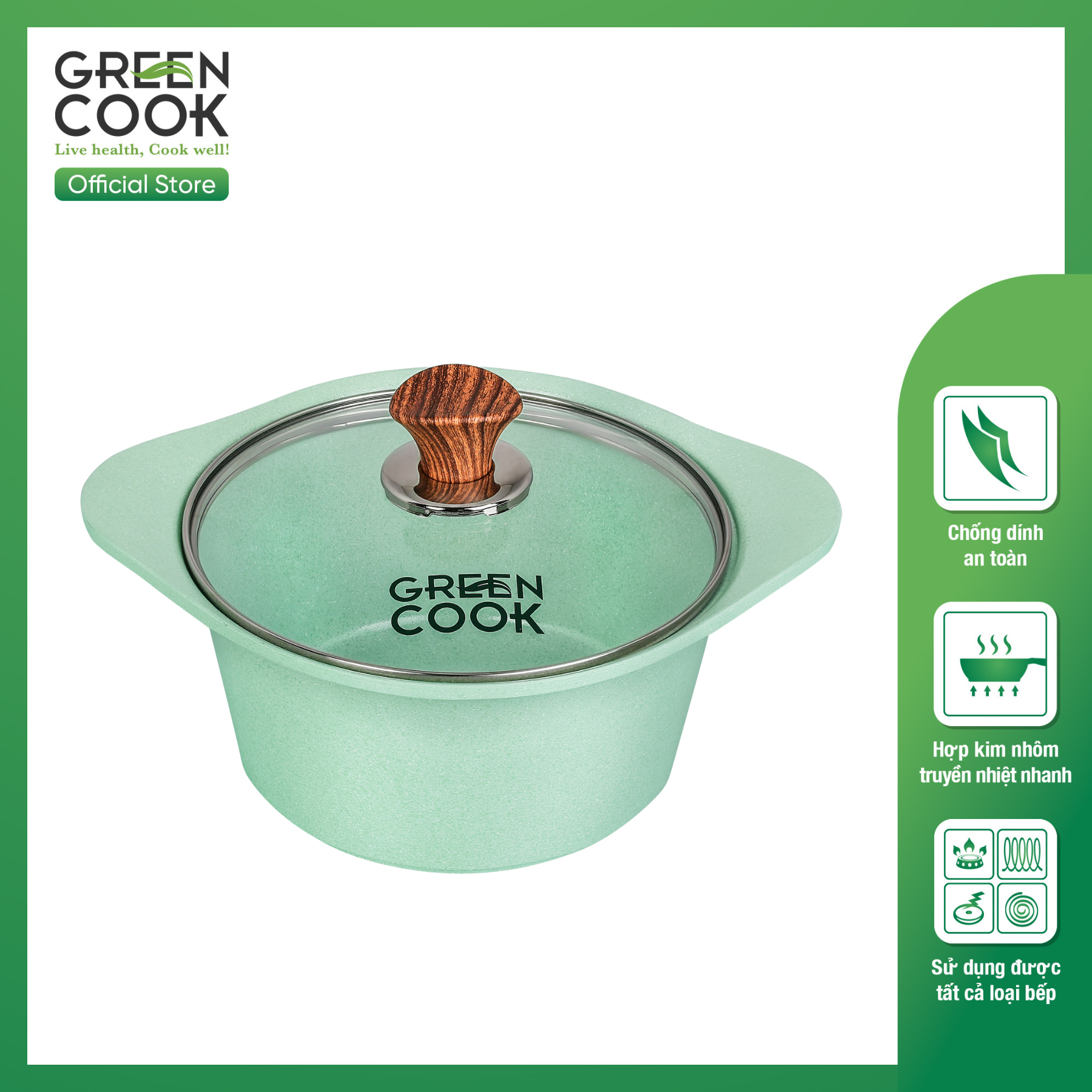 Nồi đúc men đá xanh ngọc 20cm Green Cook GCS05-20IH công nghệ Hàn Quốc