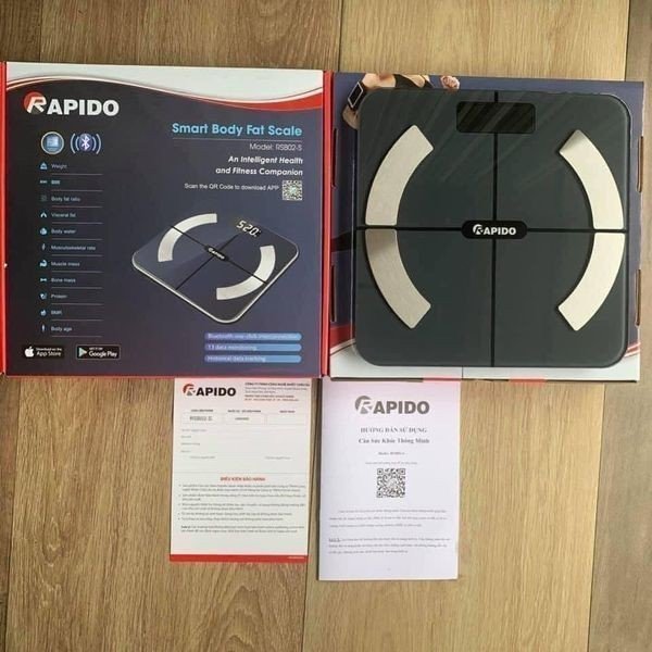 Cân sức khỏe thông minh Rapido RSB02-S (Có bluetooth) Đo chỉ số cơ thể phân tích tới 11 chỉ số, Màn hình hiển thị LCD